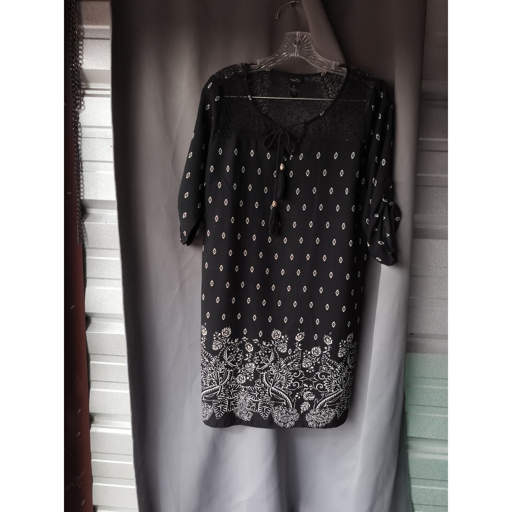 Rue21 Black White Floral Geometric Lace Yoke Tassel Shift Dress Medium